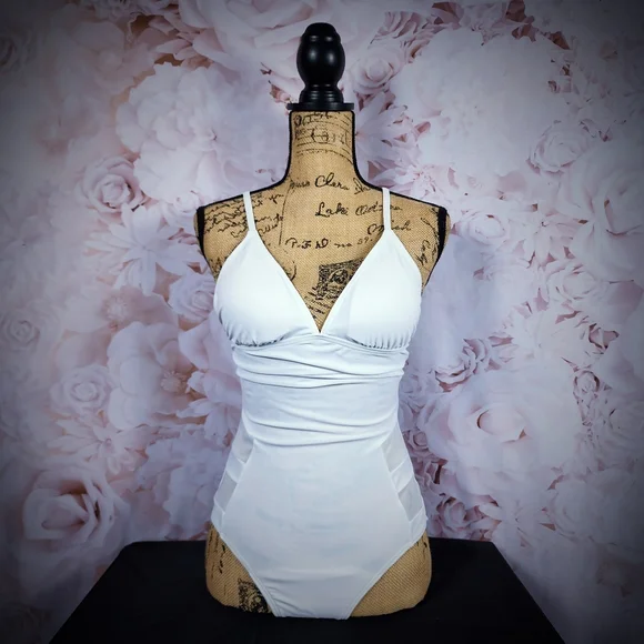 White Retro V-Neck One Piece Bathing Suit - Picture 1 of 10